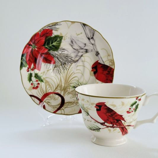 222 Fifth Holiday Wishes & Poinsettia Holly Cup & Saucer, 2 Sets