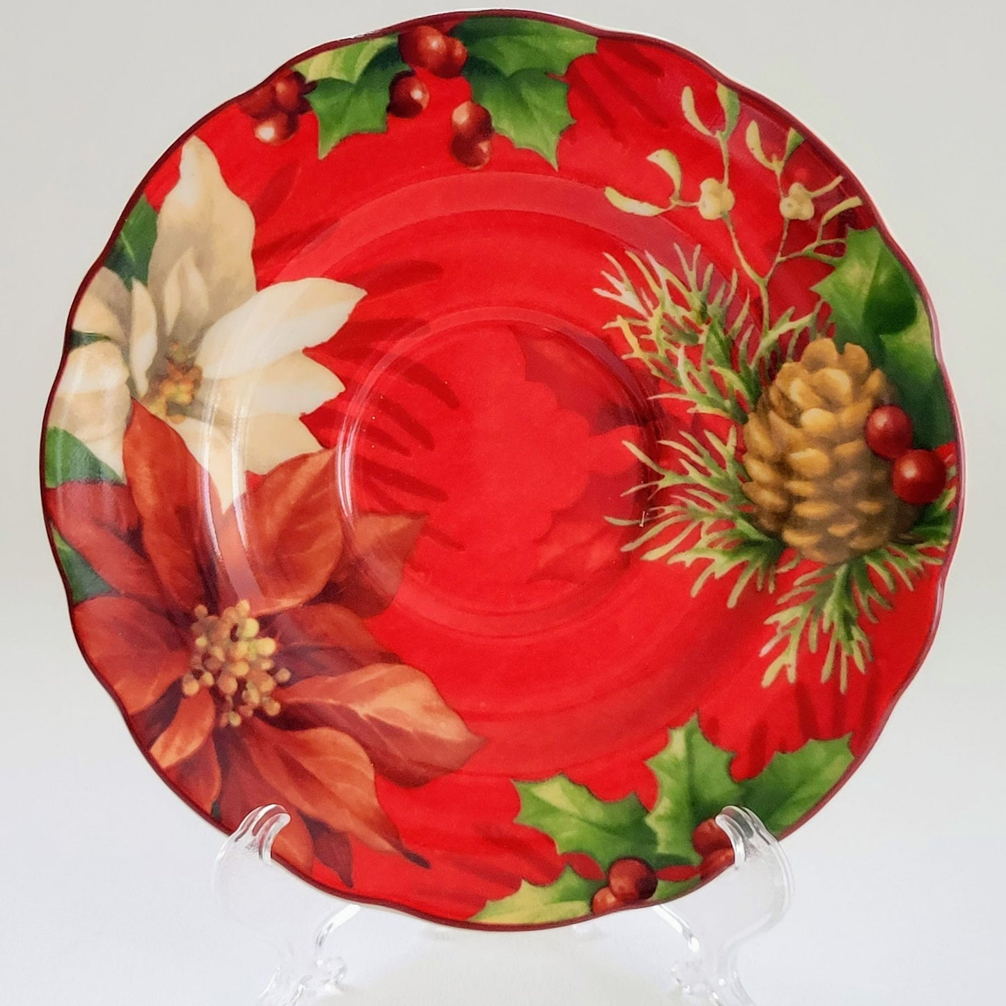 222 Fifth Holiday Wishes & Poinsettia Holly Cup & Saucer, 2 Sets