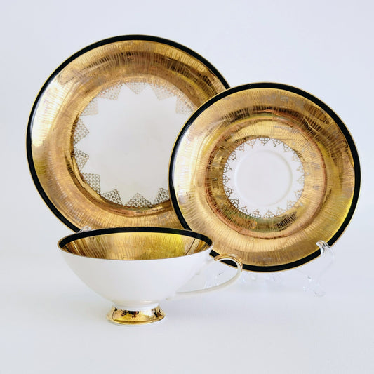 Vintage German Heavy Gold Teacup, Saucer & Plate Set Gold Cream and Black Art Deco, Reme Qualitative Porzellan Western Germany