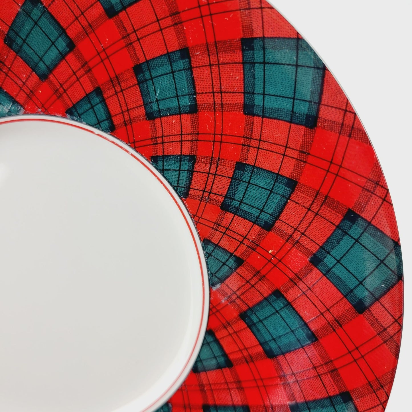 Sasaki Tartan Cup & Saucer, 2 Sets, Red and Dark Green Plaid, Japan c1990s