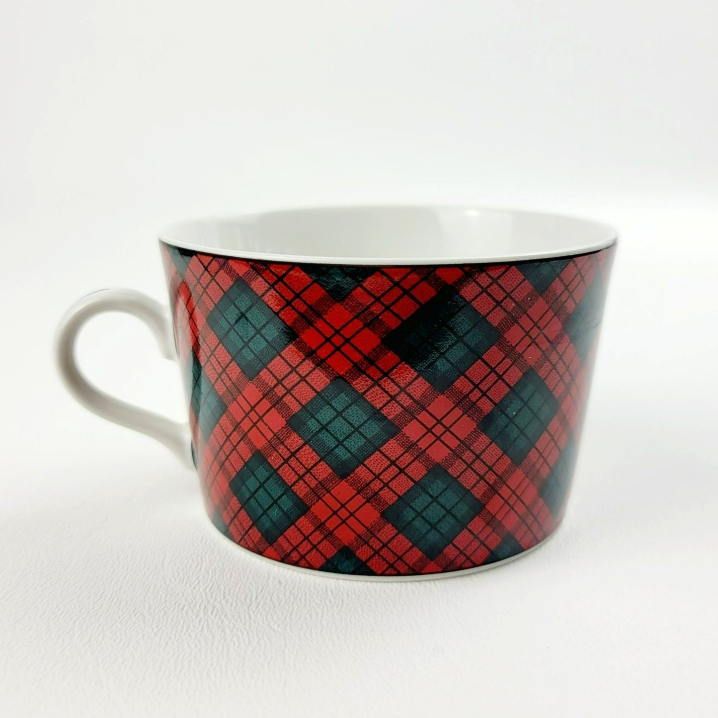 Sasaki Tartan Cup & Saucer, 2 Sets, Red and Dark Green Plaid, Japan c1990s