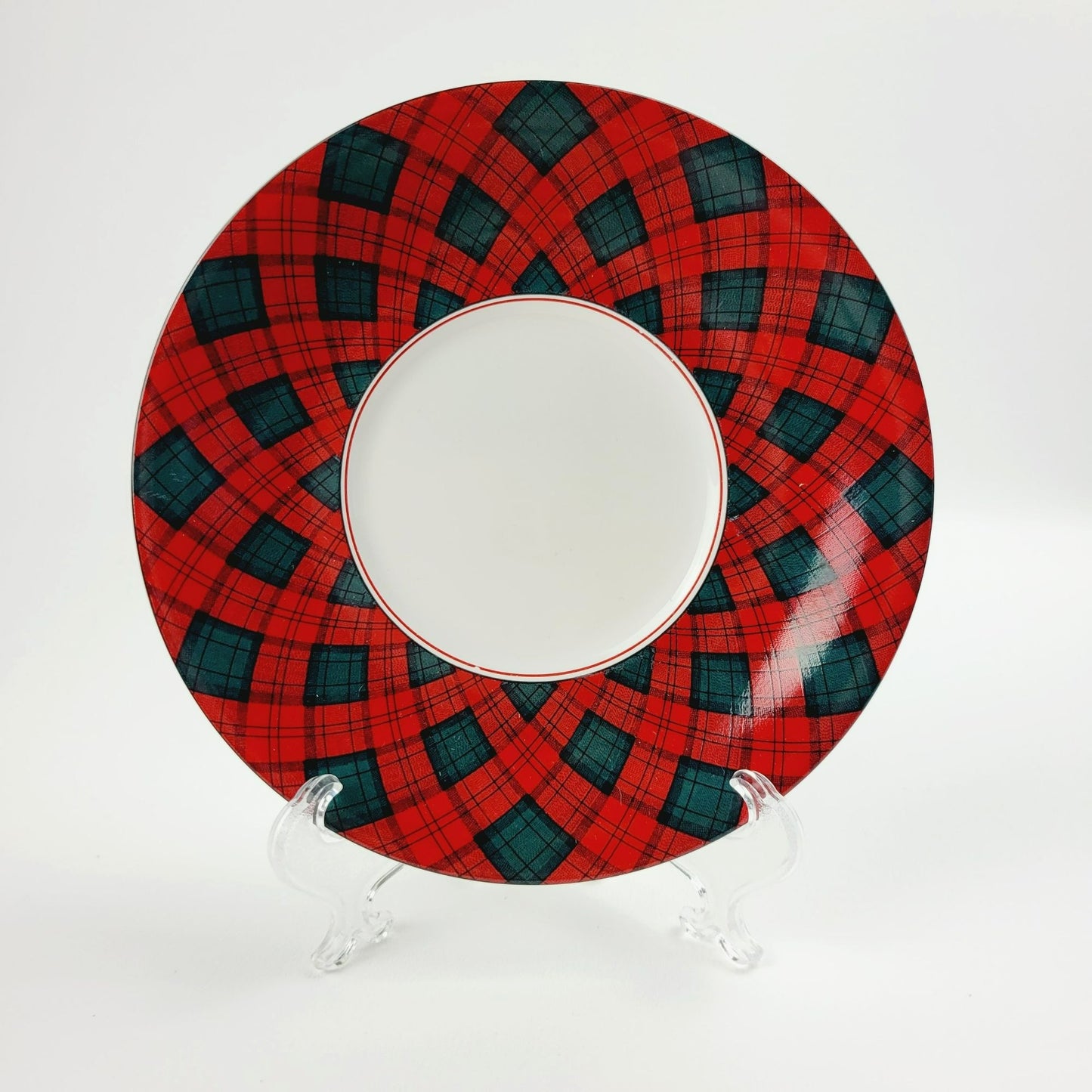 Sasaki Tartan Cup & Saucer, 2 Sets, Red and Dark Green Plaid, Japan c1990s