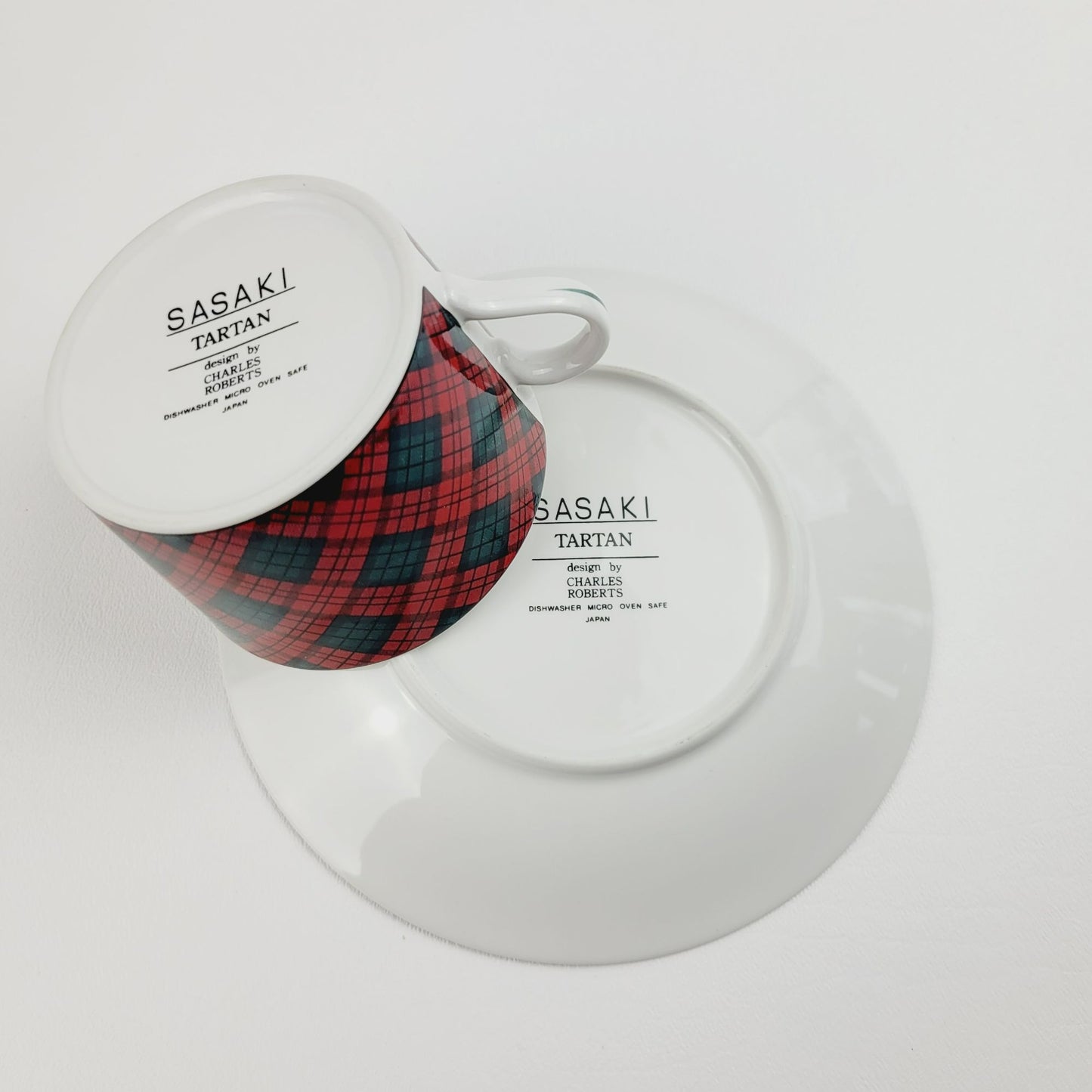Sasaki Tartan Cup & Saucer, 2 Sets, Red and Dark Green Plaid, Japan c1990s