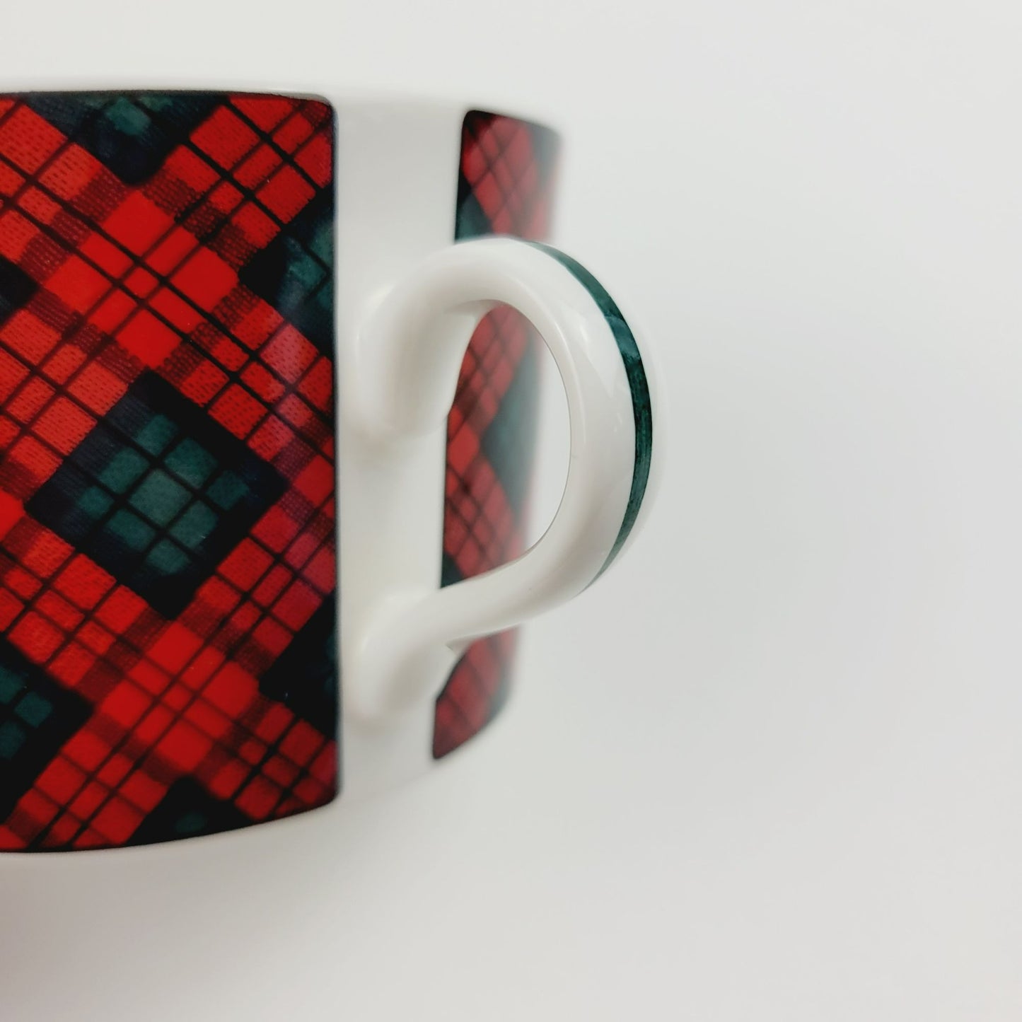 Sasaki Tartan Cup & Saucer, 2 Sets, Red and Dark Green Plaid, Japan c1990s
