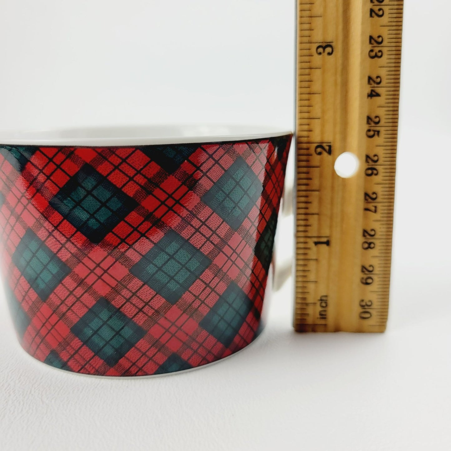 Sasaki Tartan Cup & Saucer, 2 Sets, Red and Dark Green Plaid, Japan c1990s