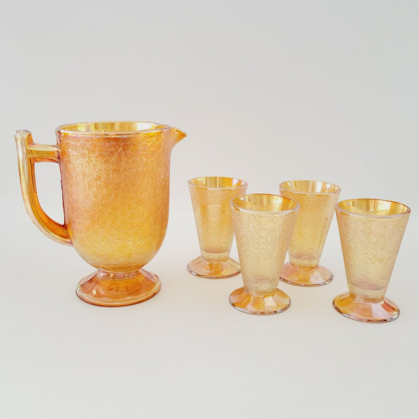 Jeannette Marigold Crackle Glass Carnival Glass Pitcher & Tumblers Set, c.1930s USA