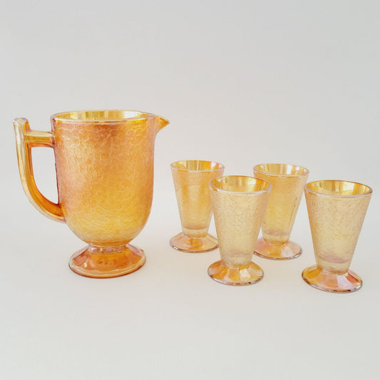 Jeannette Marigold Crackle Glass Carnival Glass Pitcher & Tumblers Set, c.1930s USA