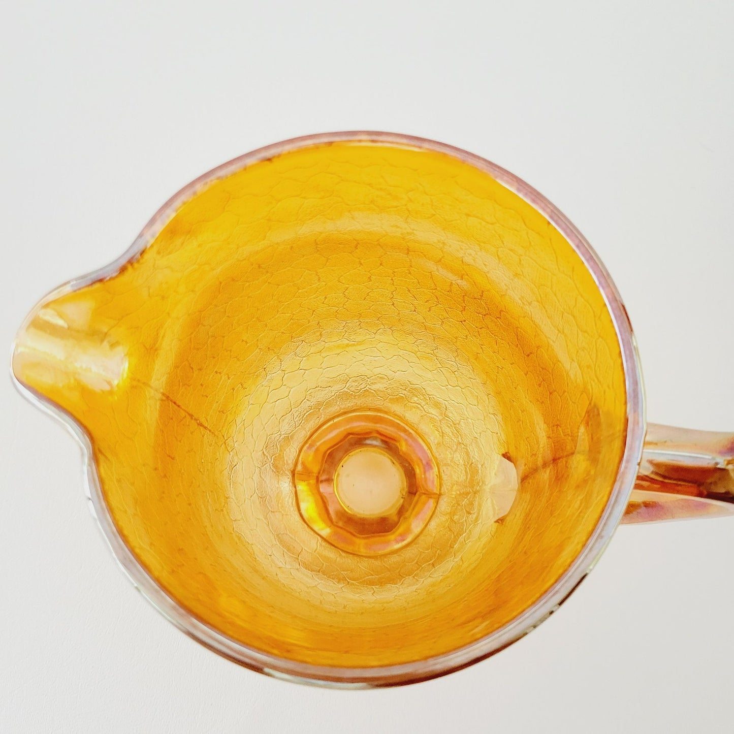 Jeannette Marigold Crackle Glass Carnival Glass Pitcher & Tumblers Set, c.1930s USA