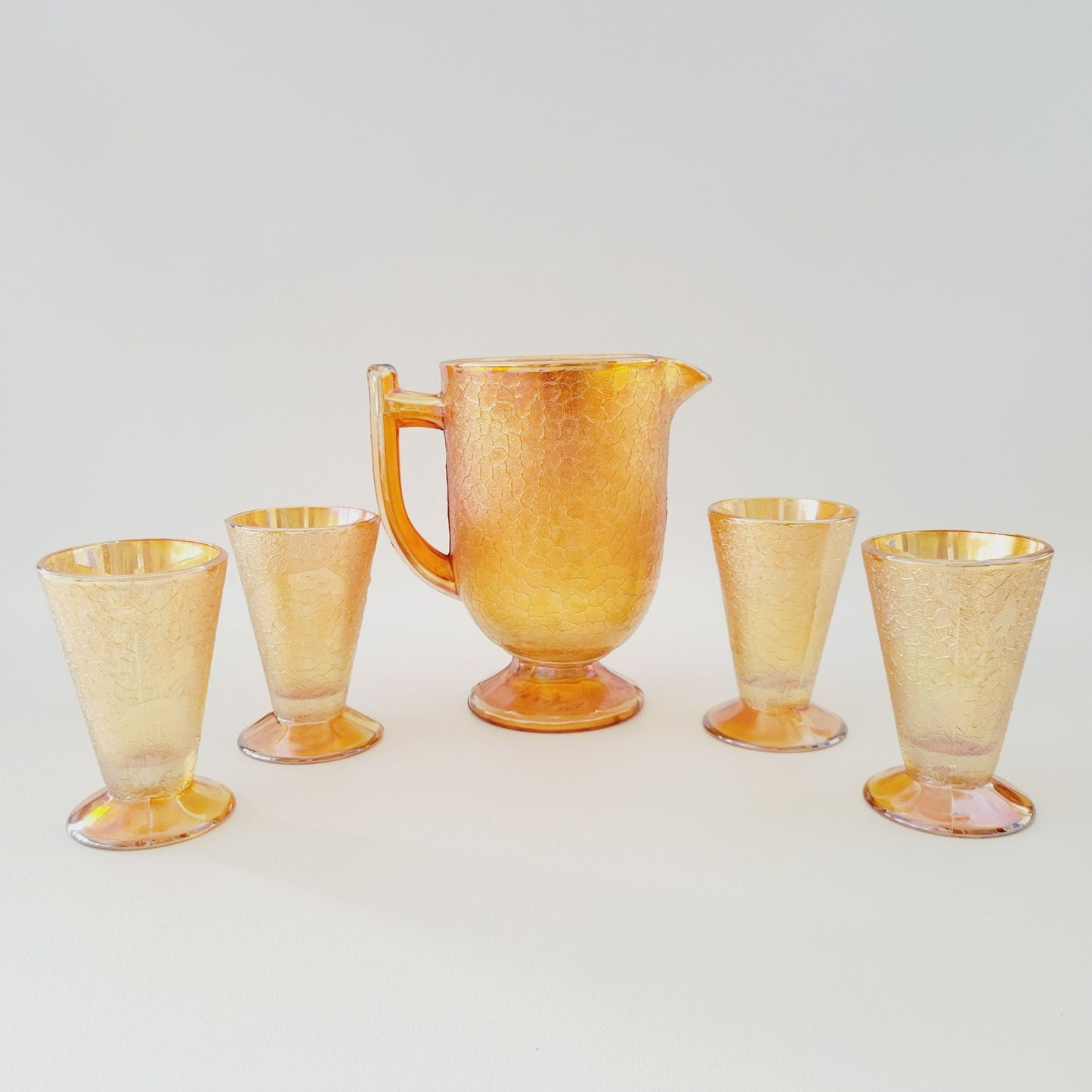 Jeannette Marigold Crackle Glass Carnival Glass Pitcher & Tumblers Set, c.1930s USA