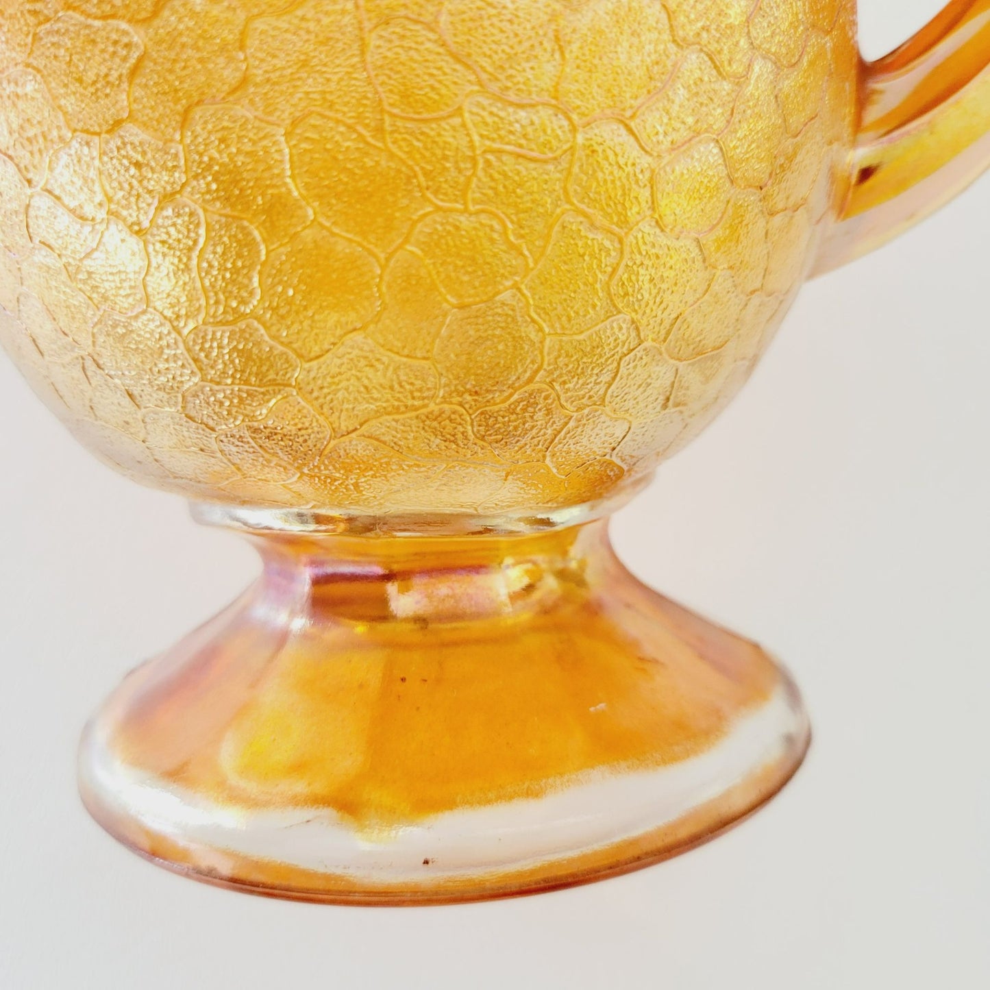 Jeannette Marigold Crackle Glass Carnival Glass Pitcher & Tumblers Set, c.1930s USA
