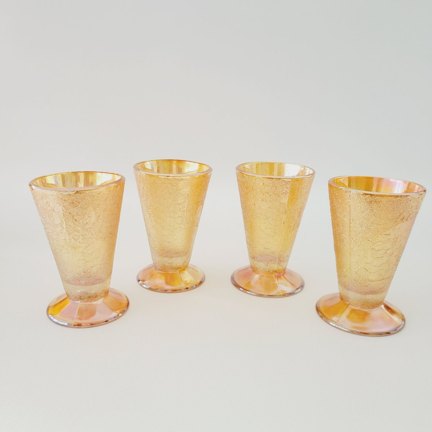 Jeannette Marigold Crackle Glass Carnival Glass Pitcher & Tumblers Set, c.1930s USA