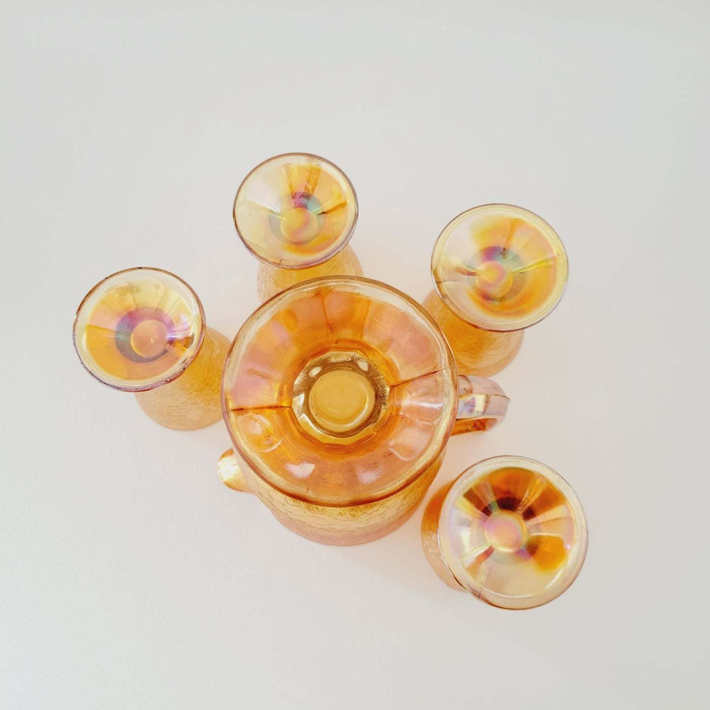 Jeannette Marigold Crackle Glass Carnival Glass Pitcher & Tumblers Set, c.1930s USA
