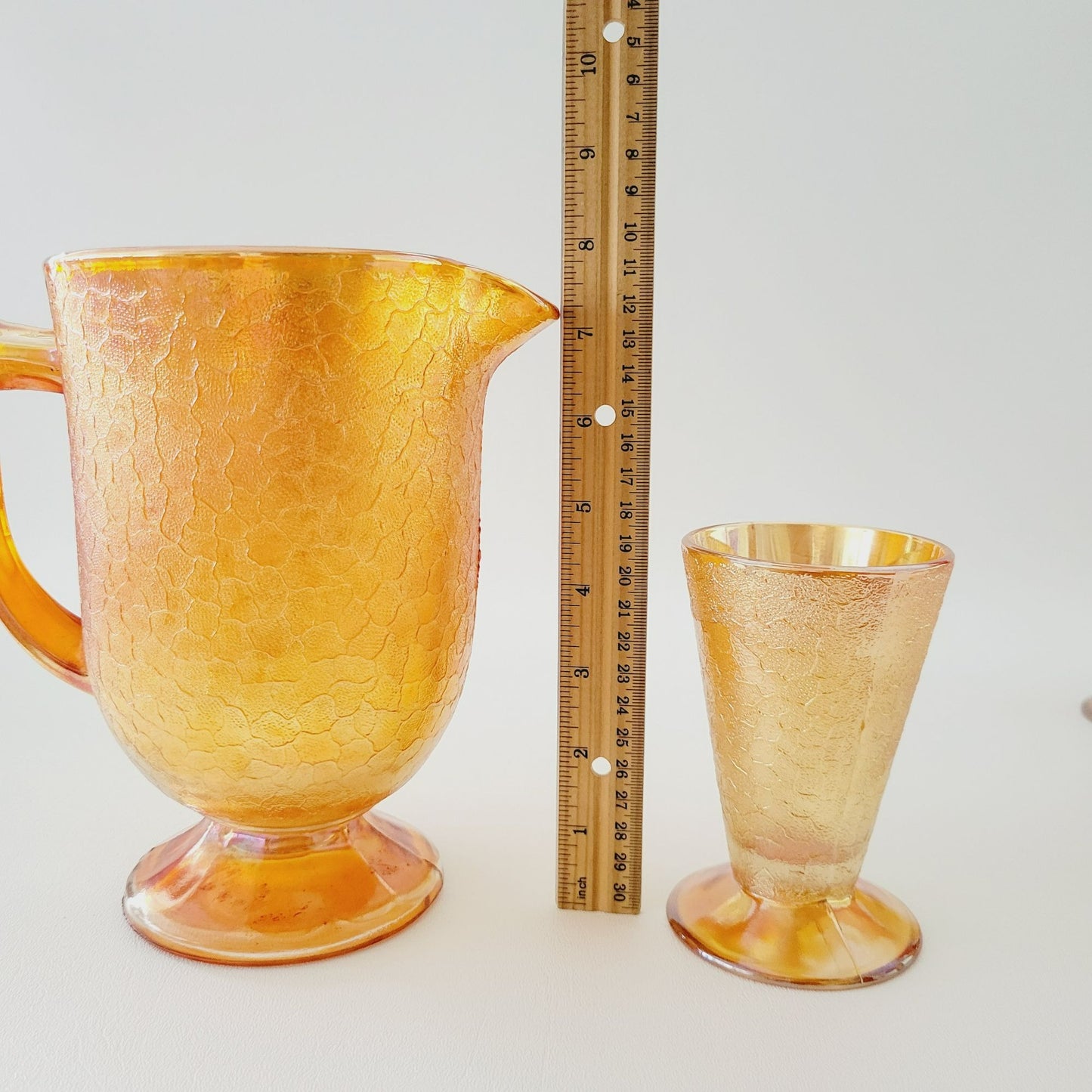 Jeannette Marigold Crackle Glass Carnival Glass Pitcher & Tumblers Set, c.1930s USA