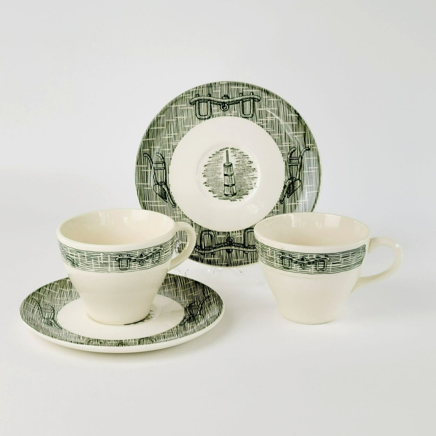 Currier & Ives Green Cup & Saucer, 2 Sets Scio Pottery Co, Farm Harness & Plows on Rim c.1970s USA