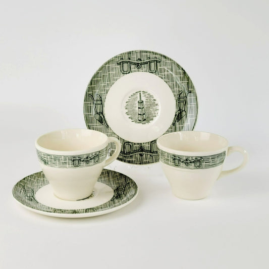 Currier & Ives Green Cup & Saucer, 2 Sets Scio Pottery Co, Farm Harness & Plows on Rim c.1970s USA