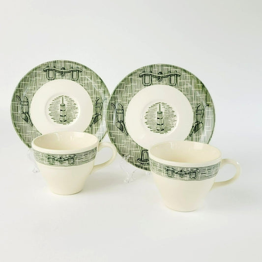 Currier & Ives Green Cup & Saucer, 2 Sets Scio Pottery Co, Farm Harness & Plows on Rim c.1970s USA