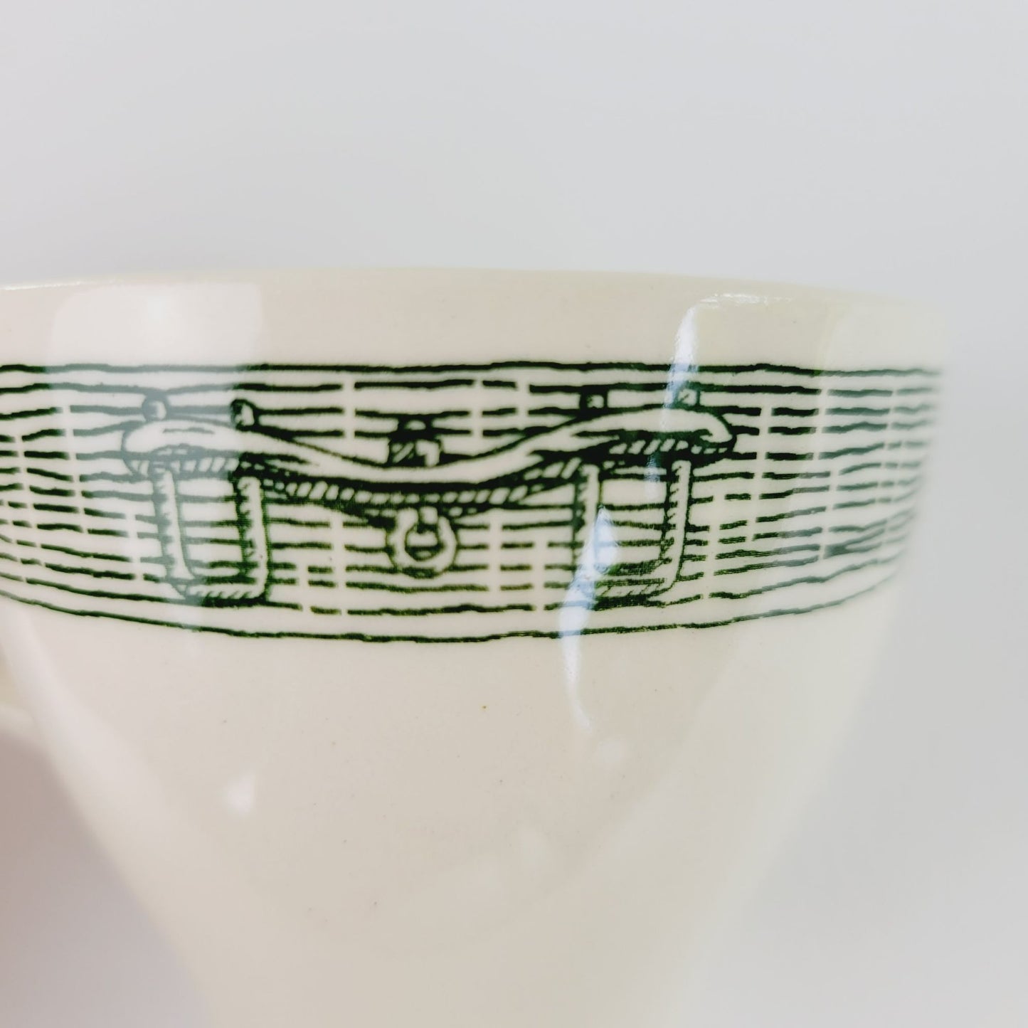 Currier & Ives Green Cup & Saucer, 2 Sets Scio Pottery Co, Farm Harness & Plows on Rim c.1970s USA