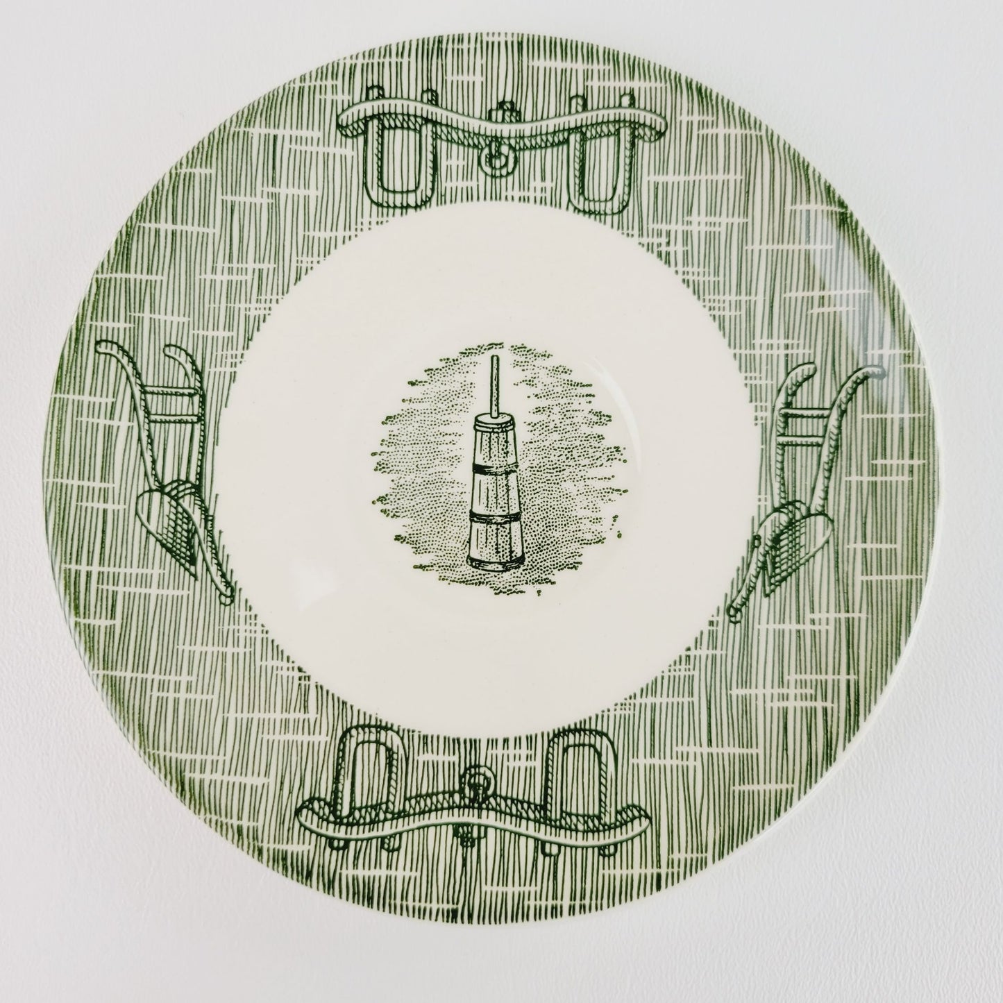 Currier & Ives Green Cup & Saucer, 2 Sets Scio Pottery Co, Farm Harness & Plows on Rim c.1970s USA