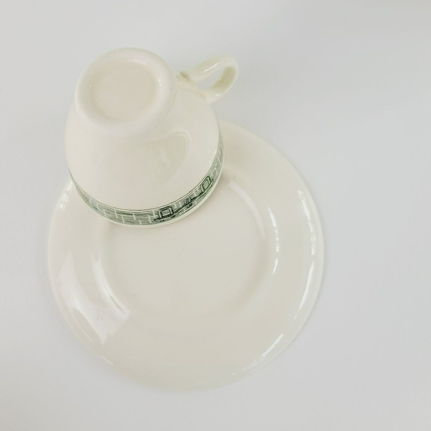 Currier & Ives Green Cup & Saucer, 2 Sets Scio Pottery Co, Farm Harness & Plows on Rim c.1970s USA