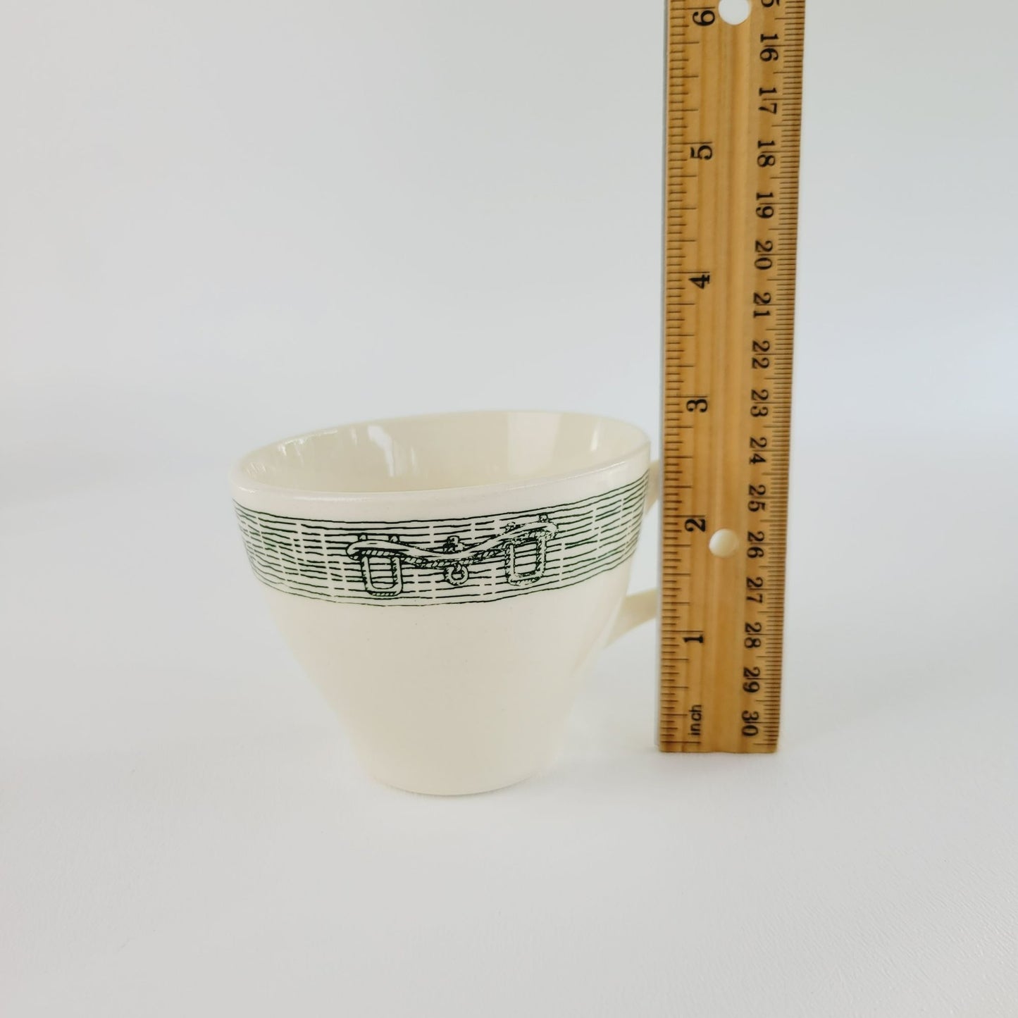Currier & Ives Green Cup & Saucer, 2 Sets Scio Pottery Co, Farm Harness & Plows on Rim c.1970s USA