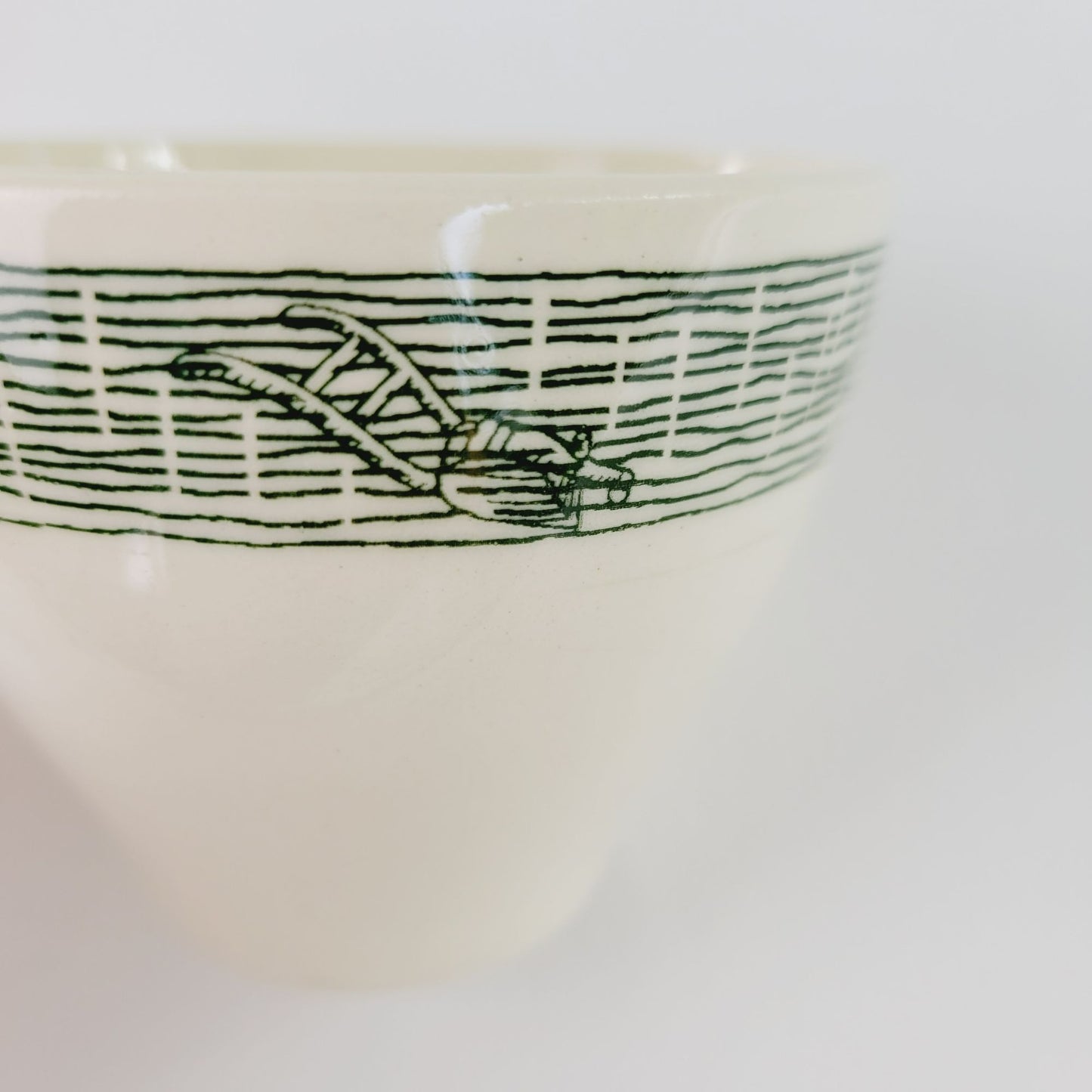Currier & Ives Green Cup & Saucer, 2 Sets Scio Pottery Co, Farm Harness & Plows on Rim c.1970s USA