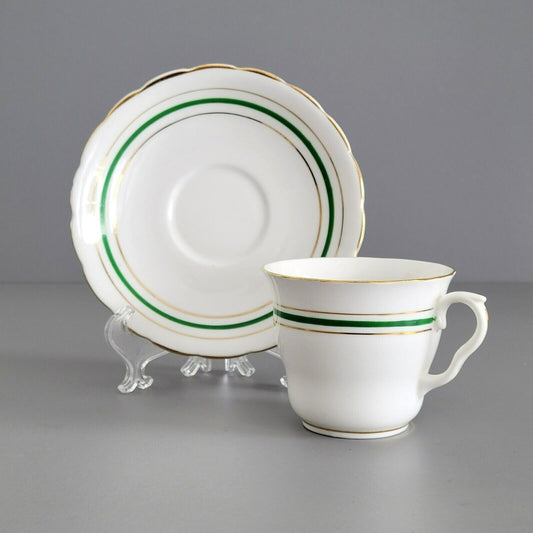 Colclough Tea Cup & Saucer, Green & Gold Stripe, Bone China Made in England