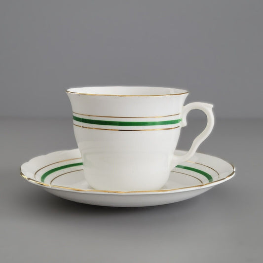 Colclough Tea Cup & Saucer, Green & Gold Stripe, Bone China Made in England