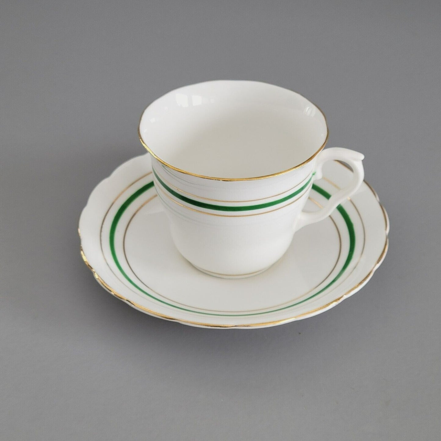 Colclough Tea Cup & Saucer, Green & Gold Stripe, Bone China Made in England