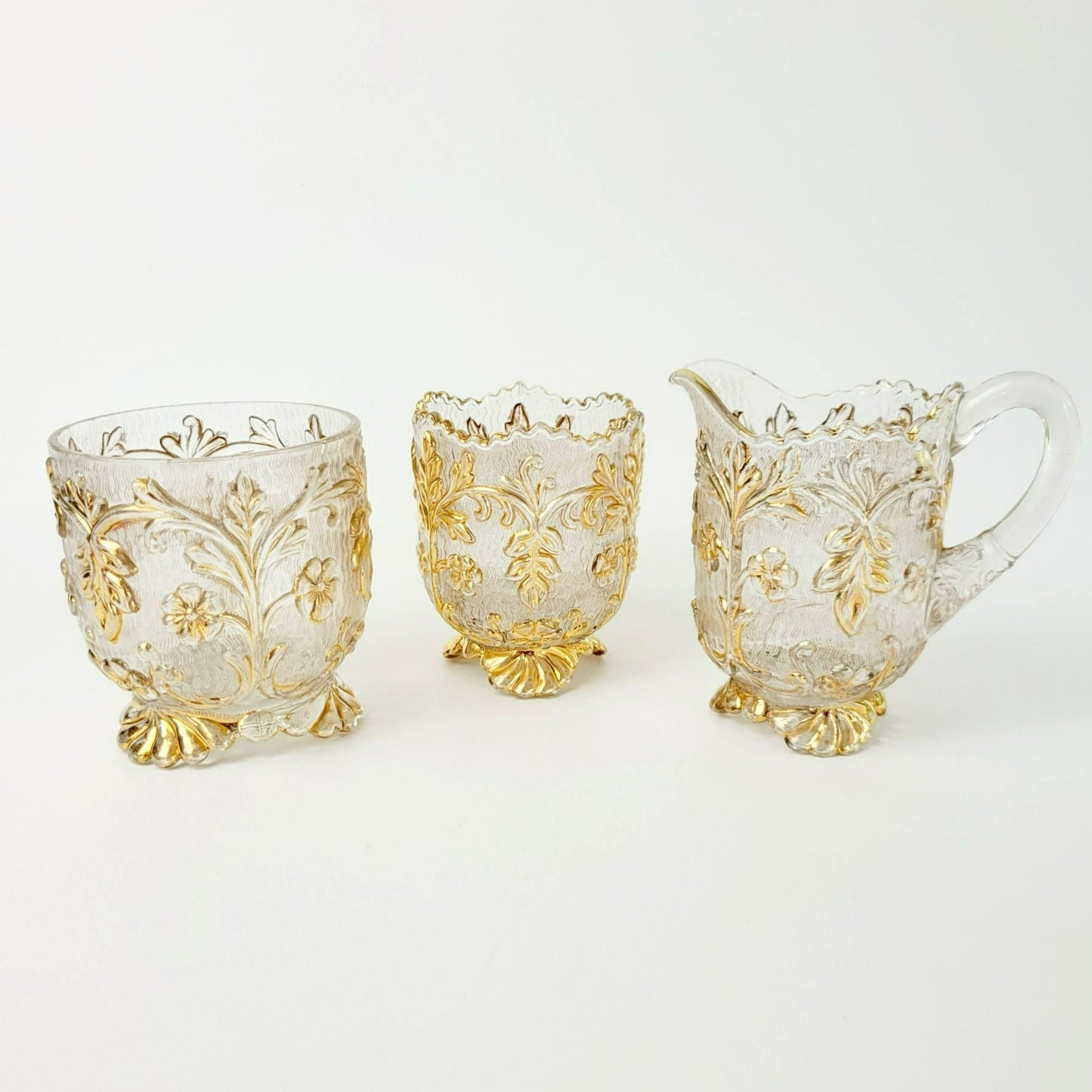 EAPG Gold Floral Footed Spooner, Creamer & Open Sugar Bowl, Antique c.1898 Beaumont Glass Textured Pattern