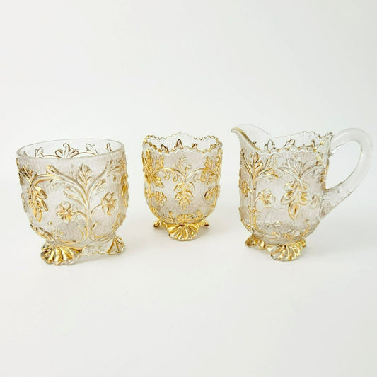 EAPG Gold Floral Footed Spooner, Creamer & Open Sugar Bowl, Antique c.1898  Beaumont Glass Textured Pattern