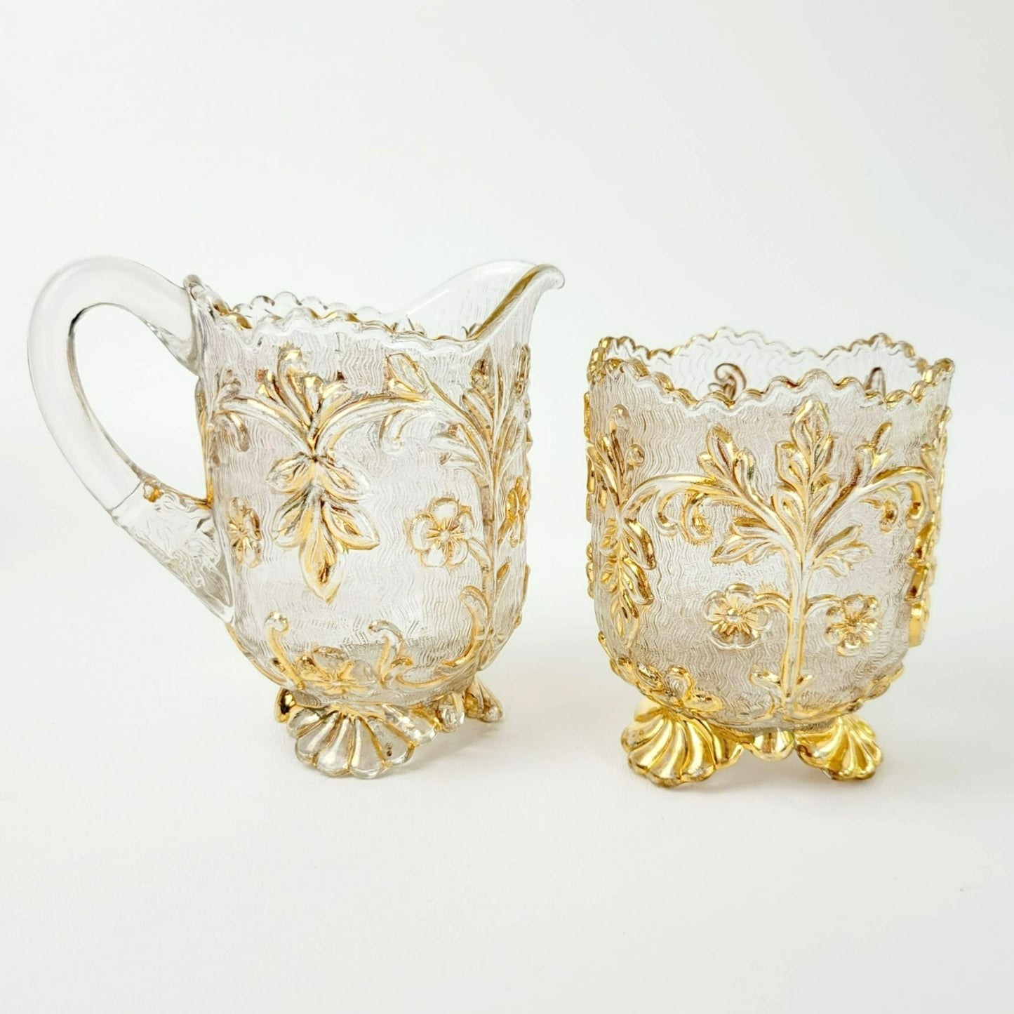 EAPG Gold Floral Footed Spooner, Creamer & Open Sugar Bowl, Antique c.1898 Beaumont Glass Textured Pattern