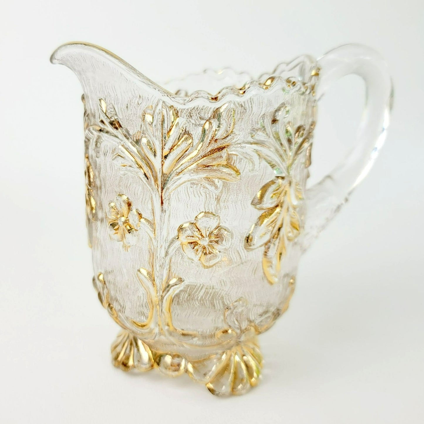 EAPG Gold Floral Footed Spooner, Creamer & Open Sugar Bowl, Antique c.1898 Beaumont Glass Textured Pattern