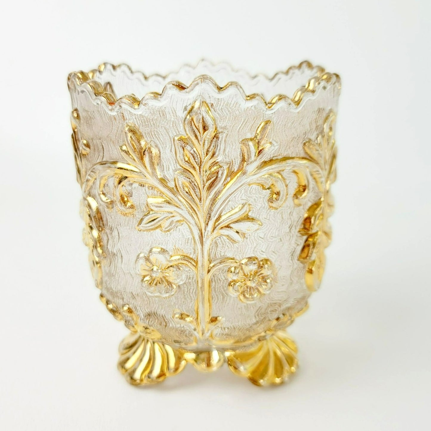 EAPG Gold Floral Footed Spooner, Creamer & Open Sugar Bowl, Antique c.1898 Beaumont Glass Textured Pattern