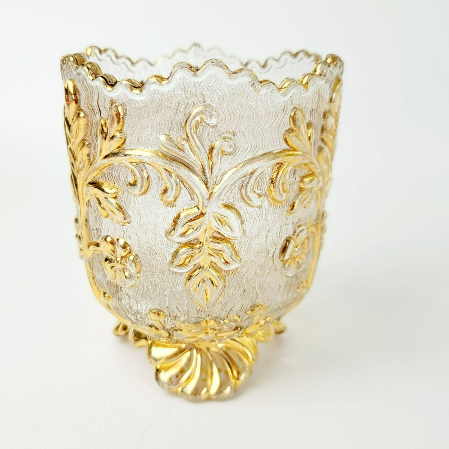EAPG Gold Floral Footed Spooner, Creamer & Open Sugar Bowl, Antique c.1898 Beaumont Glass Textured Pattern