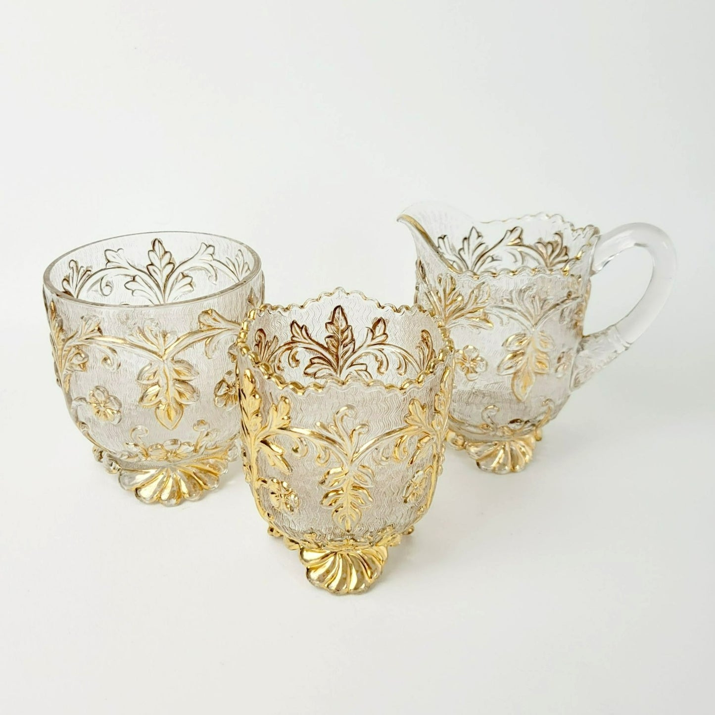 EAPG Gold Floral Footed Spooner, Creamer & Open Sugar Bowl, Antique c.1898 Beaumont Glass Textured Pattern
