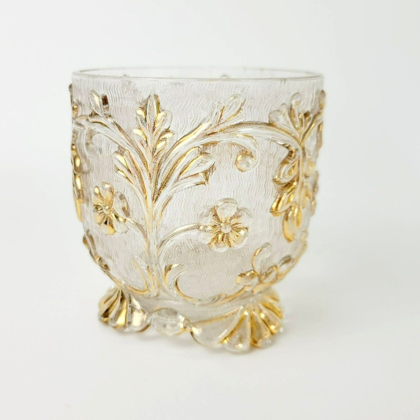 EAPG Gold Floral Footed Spooner, Creamer & Open Sugar Bowl, Antique c.1898 Beaumont Glass Textured Pattern