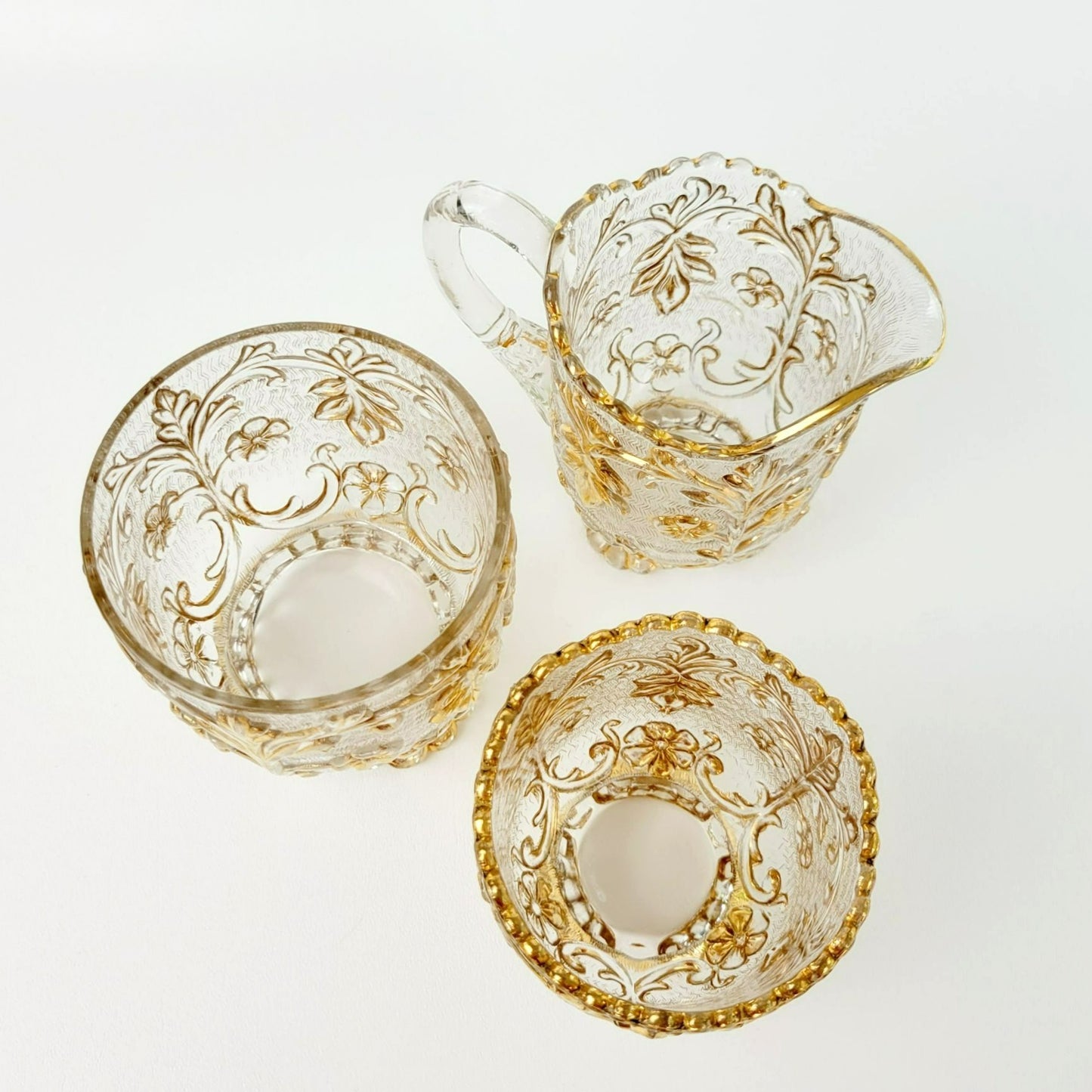 EAPG Gold Floral Footed Spooner, Creamer & Open Sugar Bowl, Antique c.1898 Beaumont Glass Textured Pattern