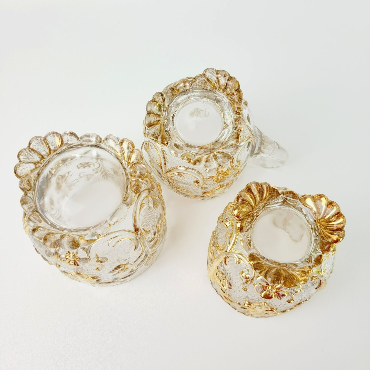 EAPG Gold Floral Footed Spooner, Creamer & Open Sugar Bowl, Antique c.1898 Beaumont Glass Textured Pattern