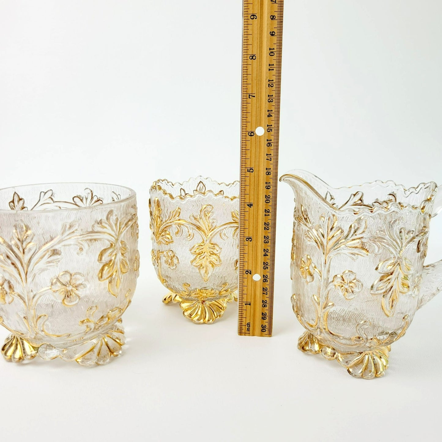 EAPG Gold Floral Footed Spooner, Creamer & Open Sugar Bowl, Antique c.1898 Beaumont Glass Textured Pattern