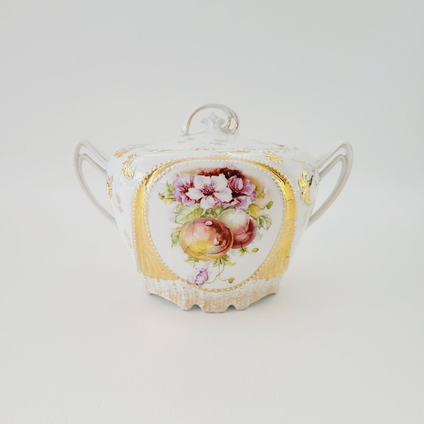 Antique German White & Gold Floral & Fruit Cookie Jar with Embossed Design