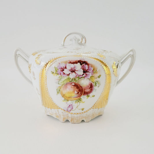 Antique German White & Gold Floral & Fruit Cookie Jar with Embossed Design