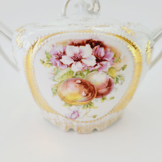 Antique German White & Gold Floral & Fruit Cookie Jar with Embossed Design