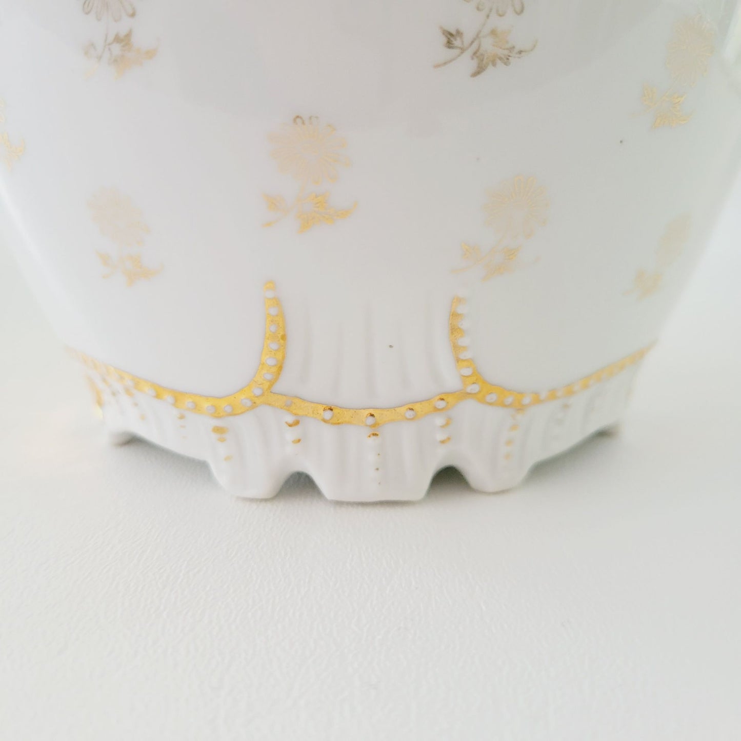 Antique German White & Gold Floral & Fruit Cookie Jar with Embossed Design