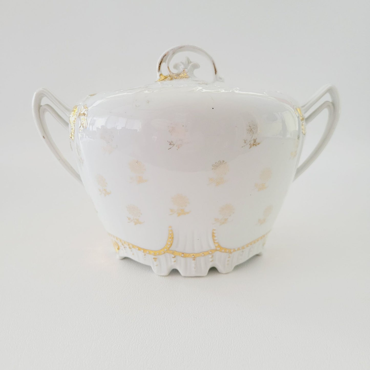 Antique German White & Gold Floral & Fruit Cookie Jar with Embossed Design