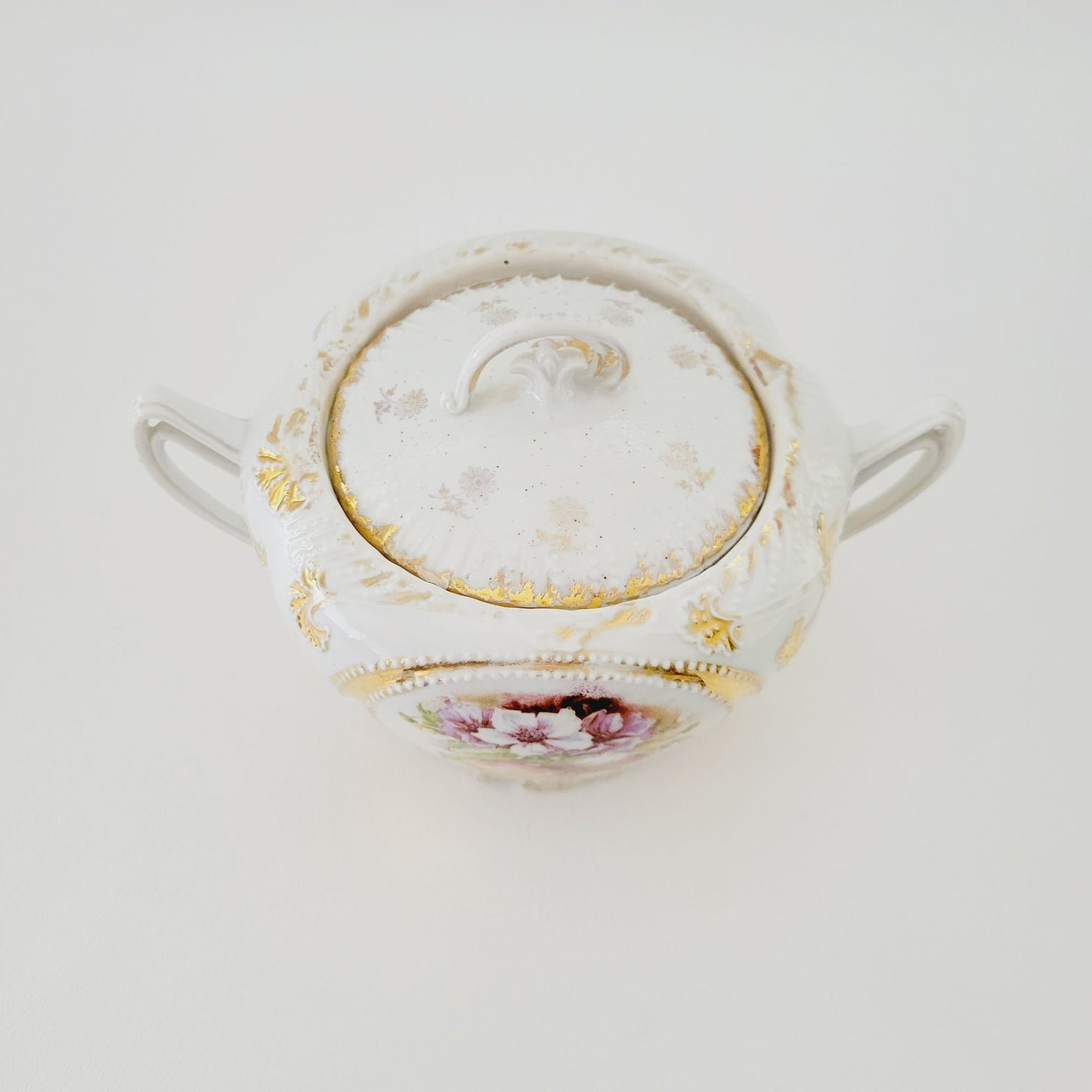 Antique German White & Gold Floral & Fruit Cookie Jar with Embossed Design