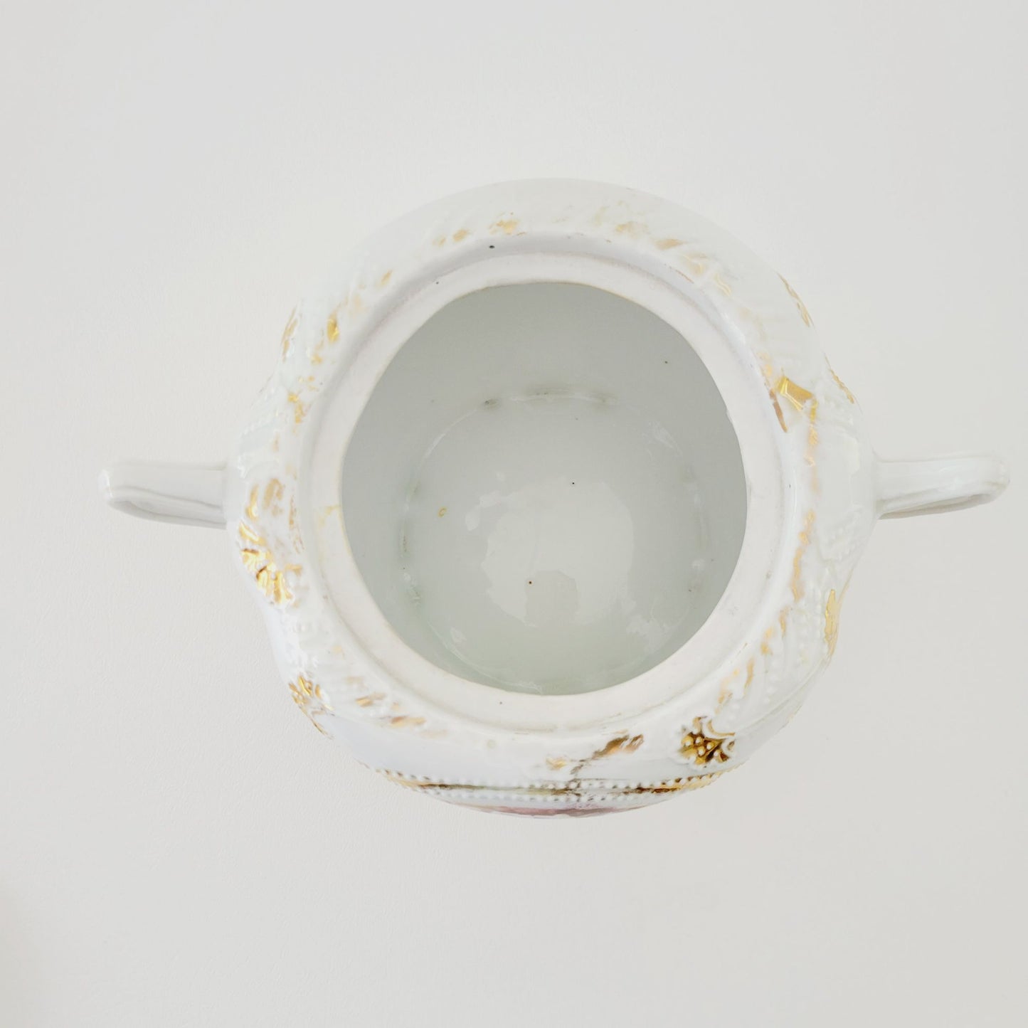 Antique German White & Gold Floral & Fruit Cookie Jar with Embossed Design