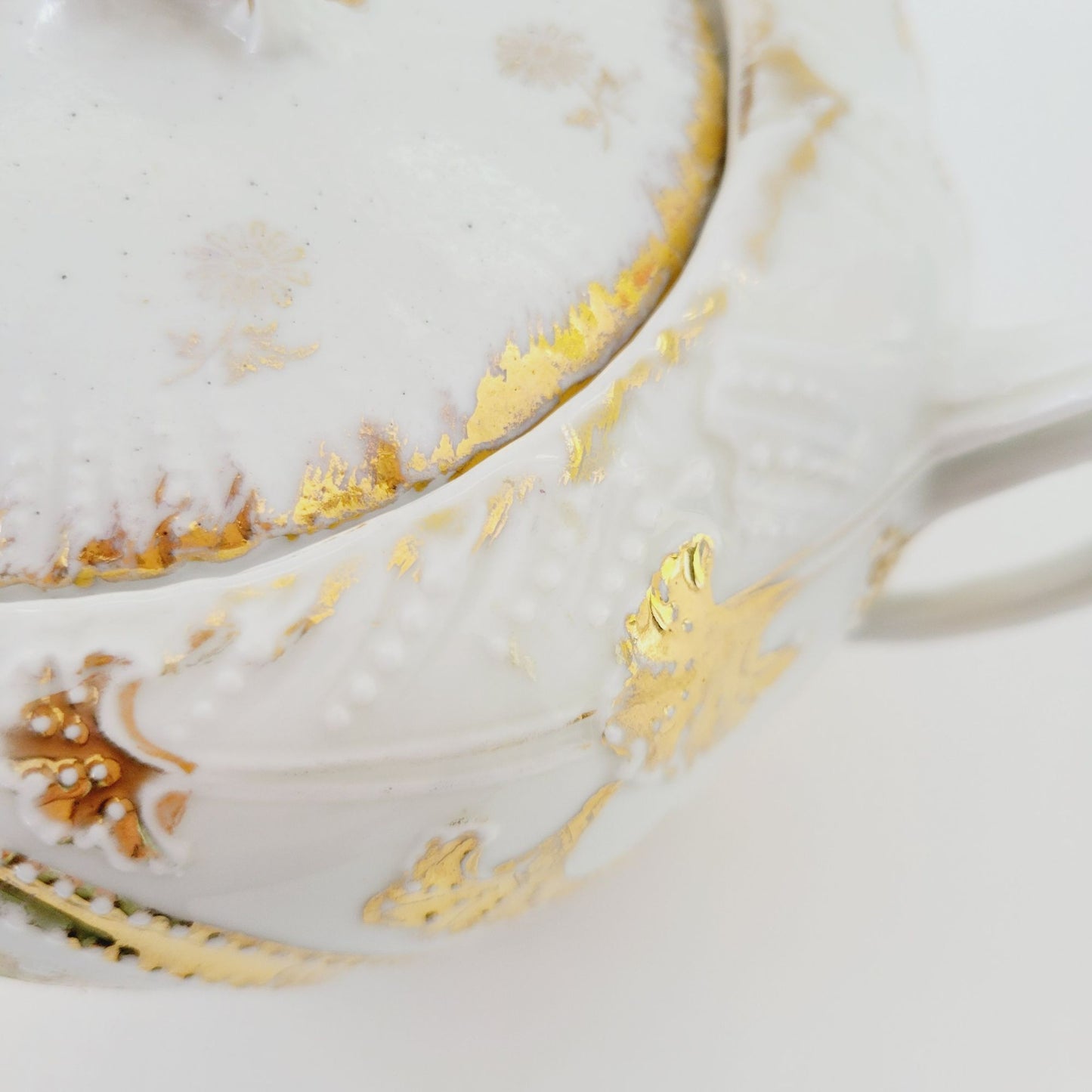 Antique German White & Gold Floral & Fruit Cookie Jar with Embossed Design
