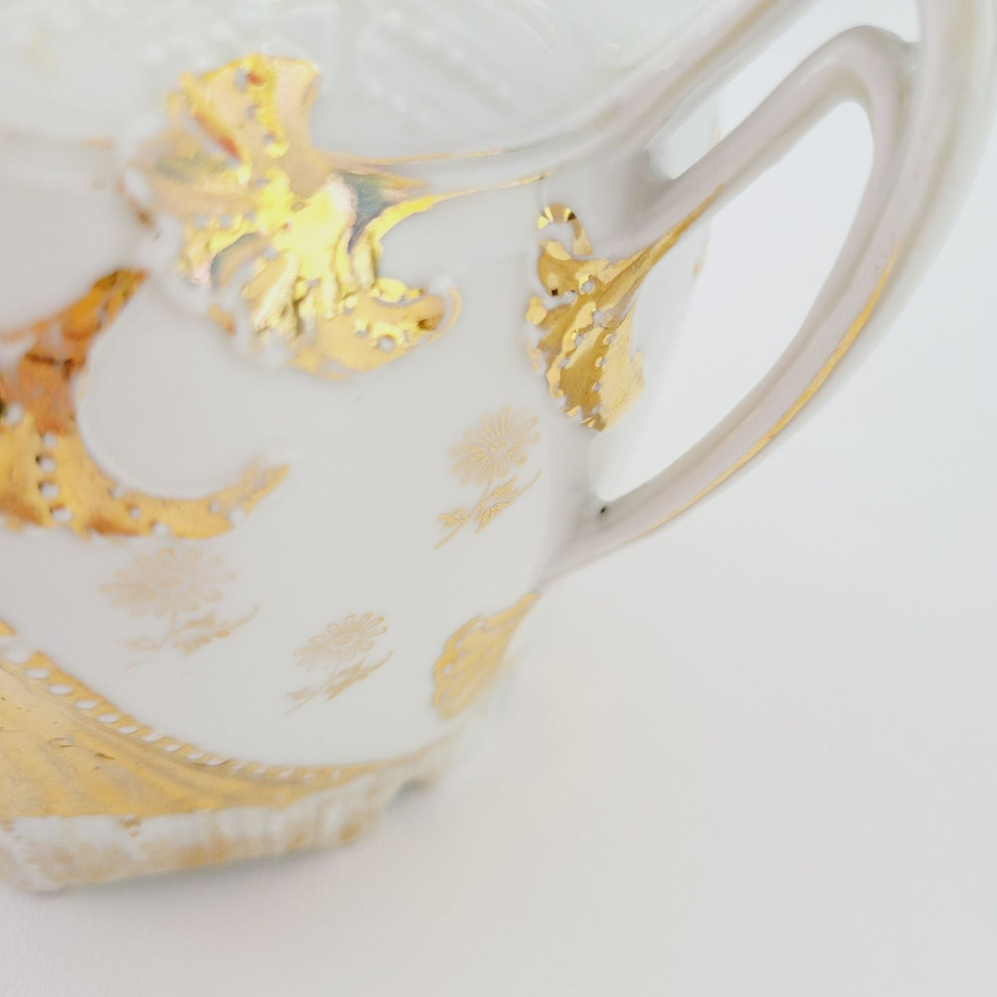 Antique German White & Gold Floral & Fruit Cookie Jar with Embossed Design