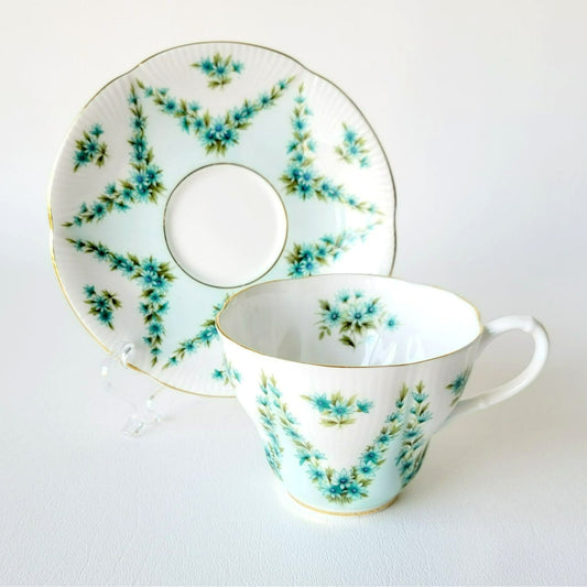Royal Albert Shot Silk Teacup & Saucer, Blue Green Floral Swag, Embossed & Gold Trim, Made in England