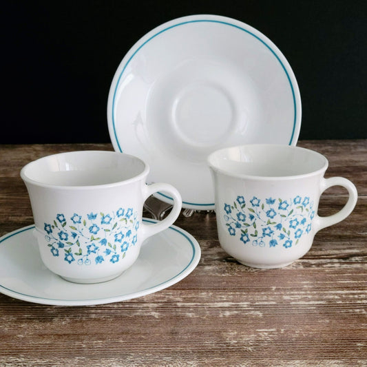 Corelle Blue Heather Cup & Saucer, 2 Sets, Blue & Green Floral, c.1977-81 USA